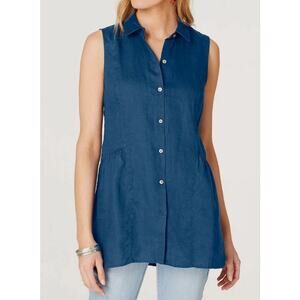 J. Jill Love Linen Peplum Back Sleeveless Tunic Shirt Button Down Blue Size XL